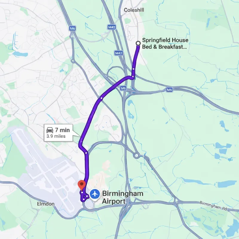 Map showing 7-minute drive from Springfield House B&B in Coleshill to Birmingham Airport (BHX)