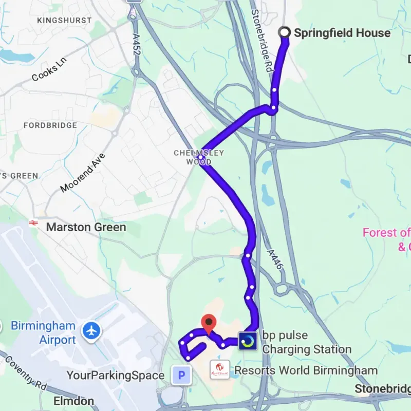 Map showing 10-minute drive from Springfield House to NEC Birmingham